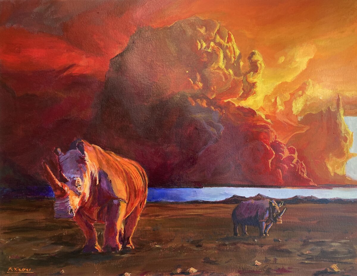Rhinos under a flaming sky